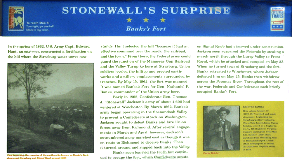 Stonewall's Surprise - Banks’s Fort wayside marker is in Strasburg, Virginia