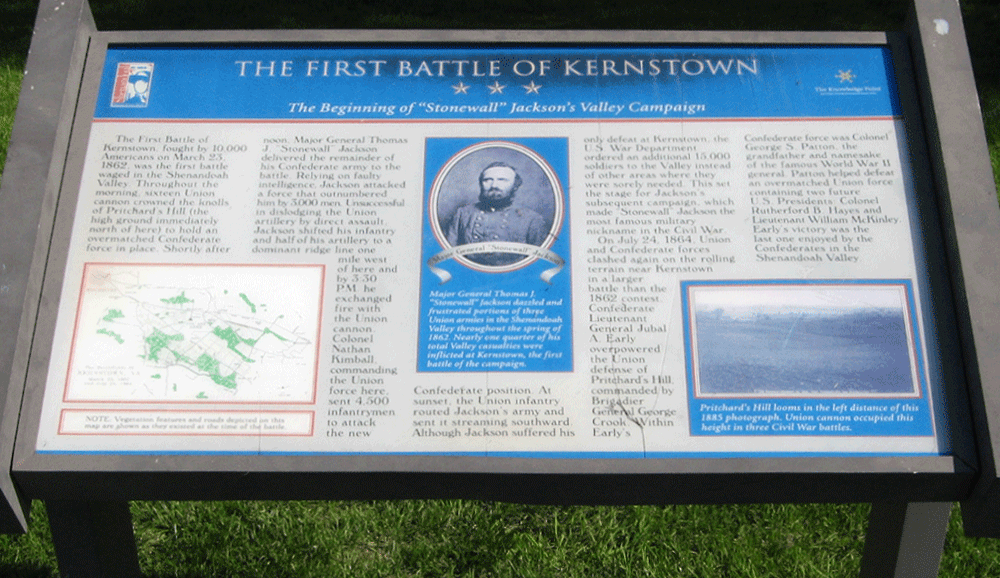 "The Beginning of "Stonewall" Jackson's Valley Campaign" wayside marker at Pritchard's Hill on the kerns town battlefield outside Winchester, Virginia