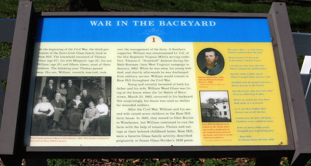 The War in the Backyard wayside marker is in the backyard of the Rose Farm, site of the First Battle of Kernstown in 1862.