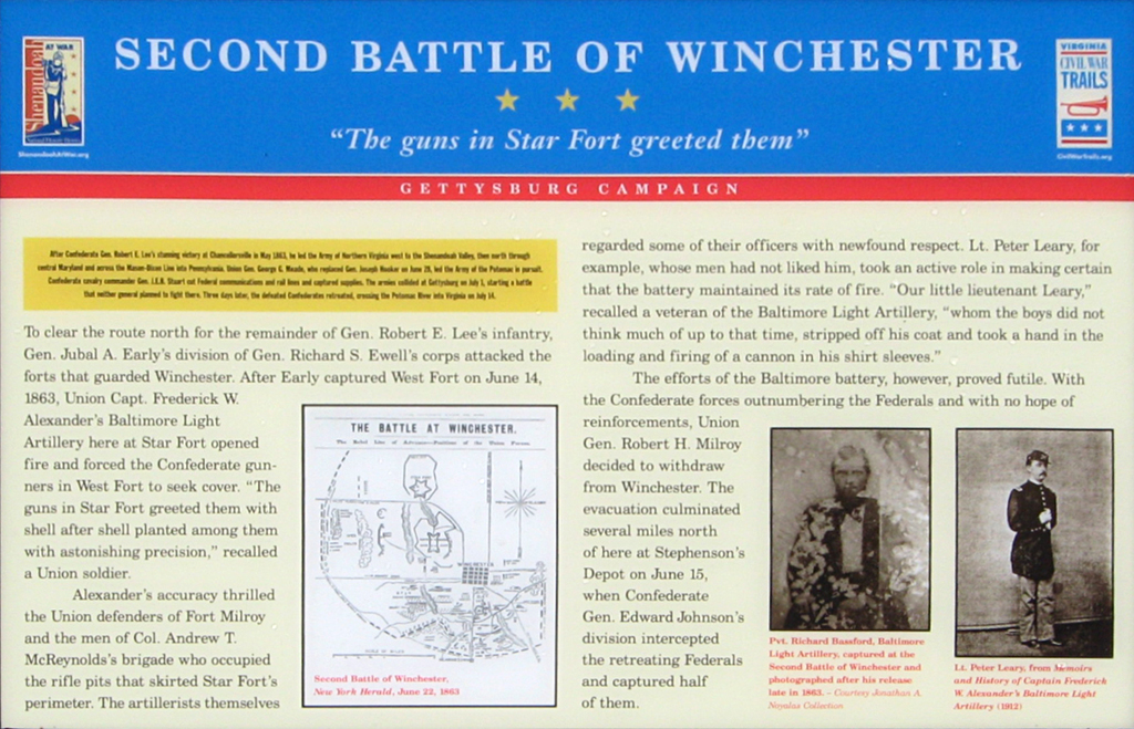 The Second Battle of Winchester - “The guns in Star Fort greeted them” wayside marker 