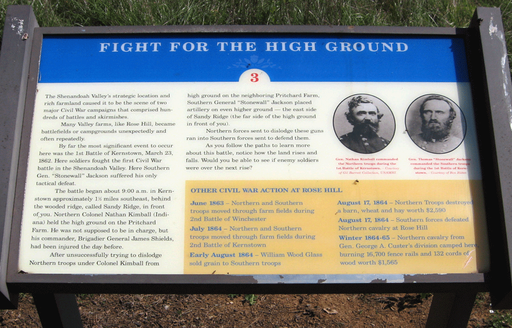 The Fight for the High Ground wayside marker is the third stop on the self-guiding tour of the First Kernstown battlefield at Rose Hill.