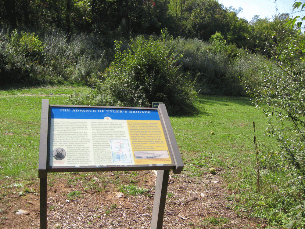The Advance of Tyler's Brigade wayside marker is the fourth stop on the self-guided tour of the First Kernstown battlefield at Rose Hill.
