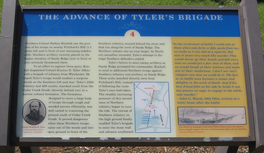 The Advance of Tyler's Brigade wayside marker is the fourth stop on the self-guided tour of the First Kernstown battlefield at Rose Hill.