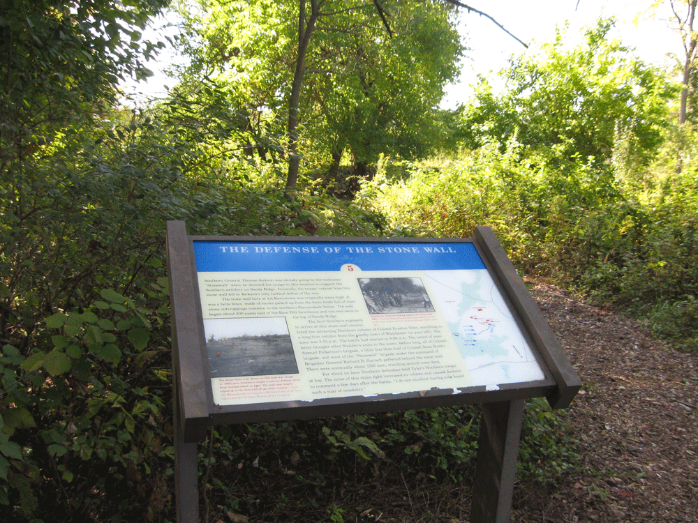 The Defense of the Stone Wall wayside marker is the fifth stop on the self-guided walking tour of the First Kerstown battlefield at Rose Hill.