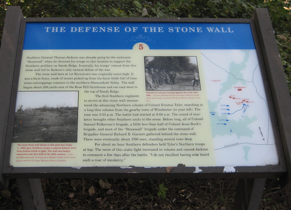 The Defense of the Stone Wall wayside marker is the fifth stop on the self-guided walking tour of the First Kerstown battlefield at Rose Hill.