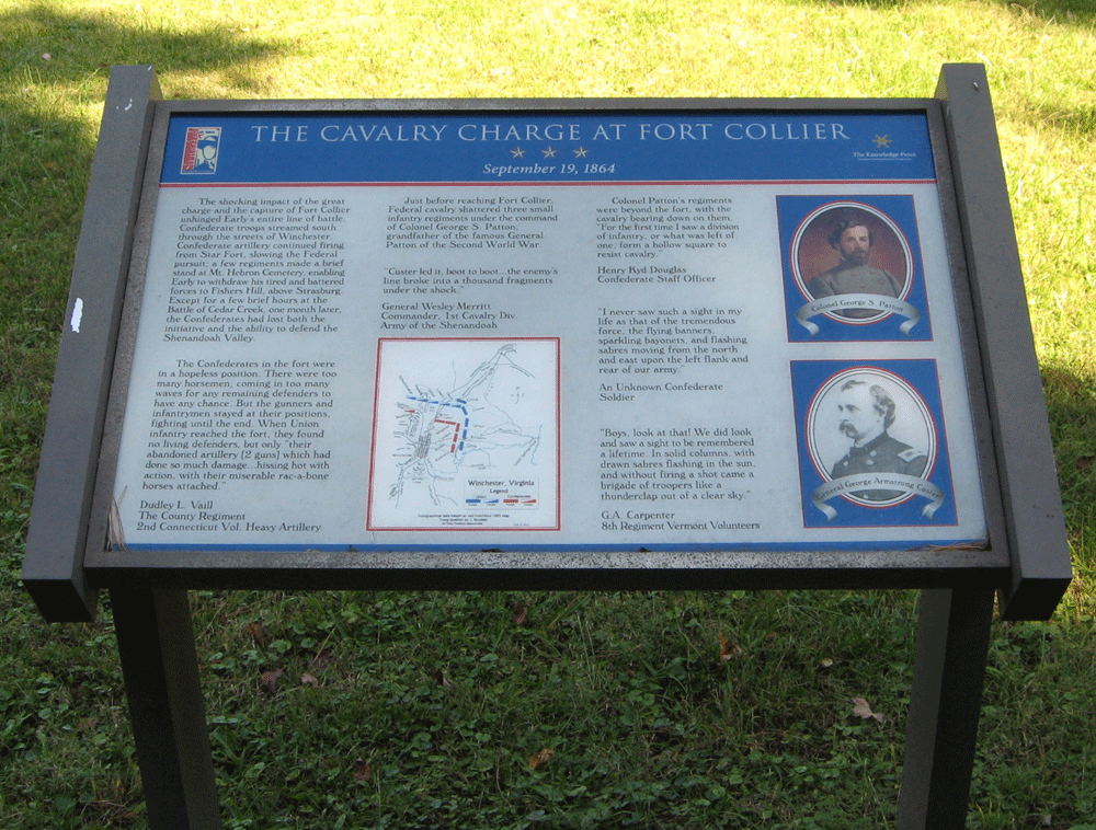 The Cavalry Charge at Fort Collier wayside marker is on the grounds of the Fort Collier Civil War Center in Winchester, Virginia