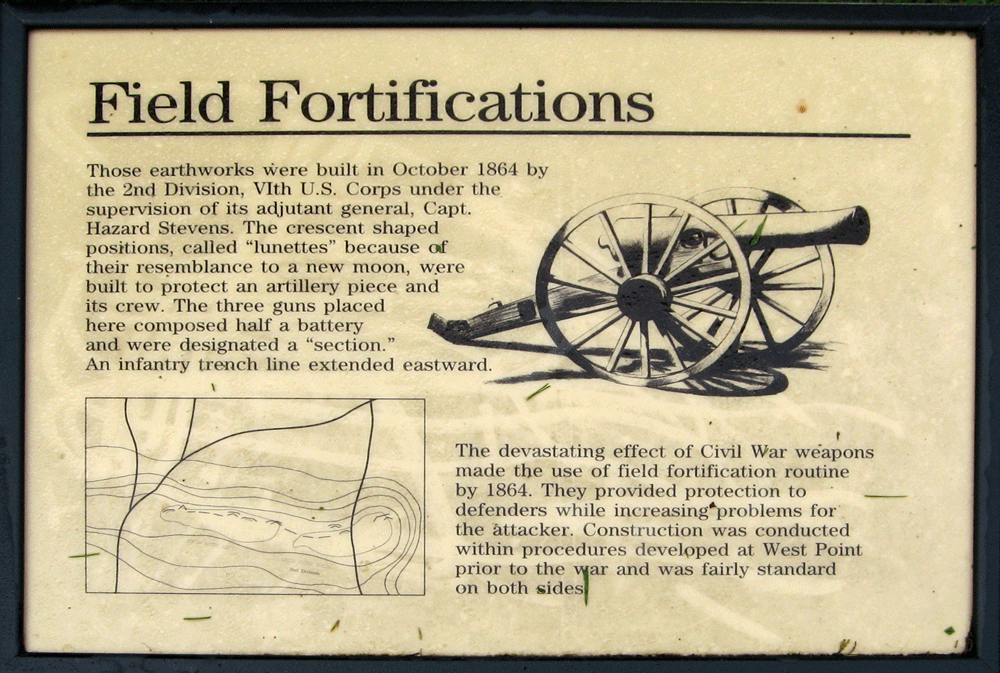 The marker on Field Fortifications is one of several along the walking trail at the Hupp's Hill CIvil War/Karst interpretive walking trail at the Hupp's Hill Civil War Park north of Strasburg, Virginia.
