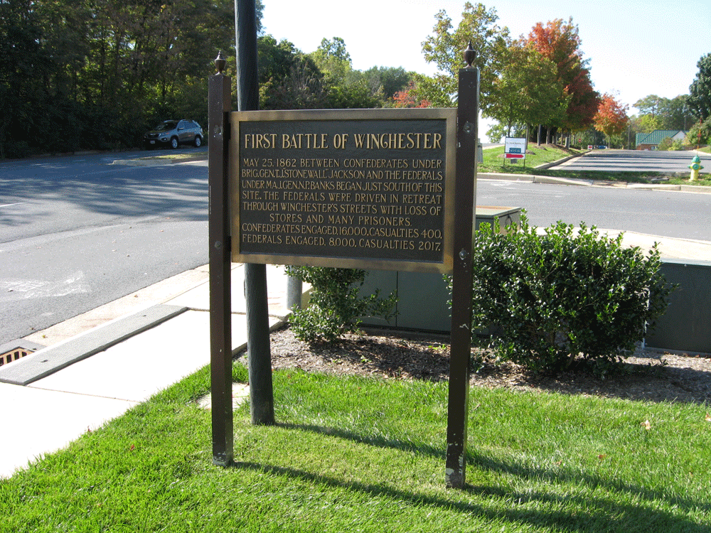 The First Battle of Winchester historical marker is on the south side of Winchester, Virginia.