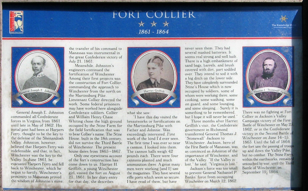 The "Fort Collier 1861-1864" wayside marker is at the Fort Collier Civil War Center on the north side of Winchester, Virginia.