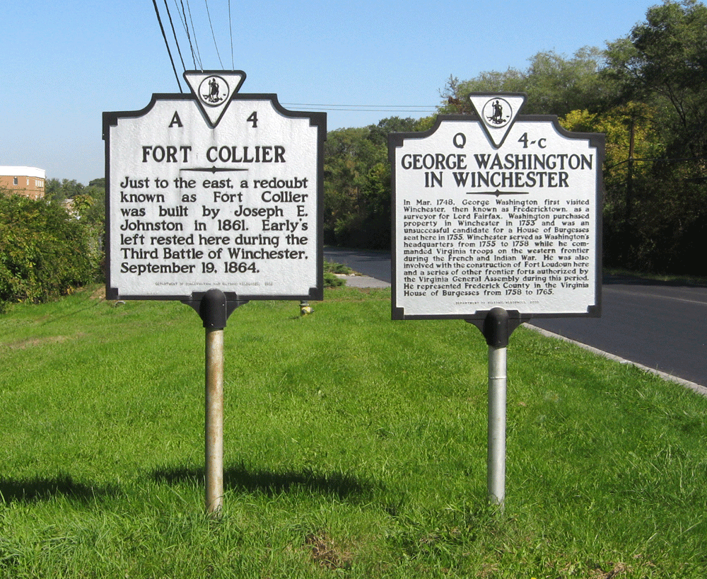 The Fort Collier and George Washington in Winchester historical markers on the north side of Winchester, Virginia, across from the Fort Collier site.