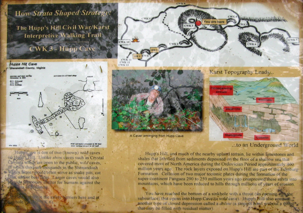 The Hupp Cave trail marker CWK-3 is one of several along the walking trail at the Hupp's Hill Civil War Park north of Strasburg, Virginia.