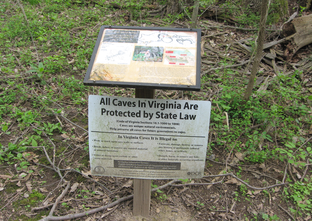 The Hupp Cave trail marker CWK-3 is one of several along the walking trail at the Hupp's Hill Civil War Park north of Strasburg, Virginia.