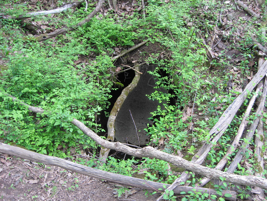 The mouth of Hupp Cave along the walking trail at the Hupp's Hill Civil War Park north of Strasburg, Virginia.