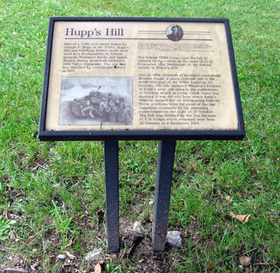 The marker for Hupp's Hill is one of several along the Hupp's Hill CIvil War/Karst interpretive walking trail at the Hupp's Hill Civil War Park north of Strasburg, Virginia.