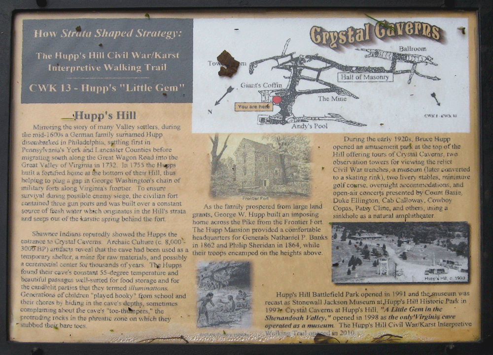 The Hupp's "Little Gem" trail marker CWK-13 is one of several along the walking trail at the Hupp's Hill Civil War Parknorth of Strasburg, Virginia.