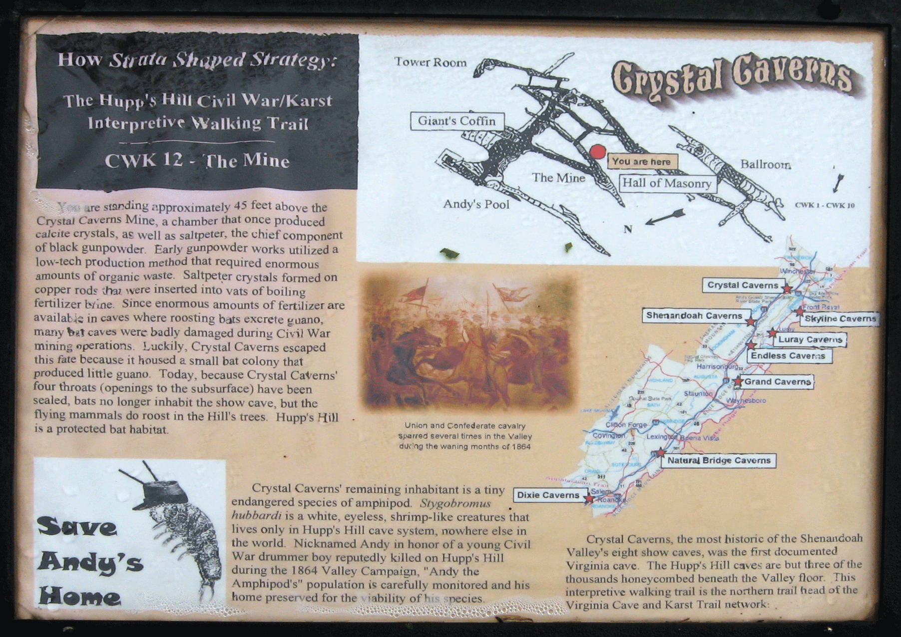 The Mine trail marker CWK-12 is one of several along the walking trail at the Hupp's Hill Civil War Park north of Strasburg, Virginia.
