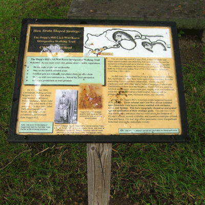 The Trail Head marker for the Hupp's Hill Civil War/Karst Interpretive Walking Trail is at the parking lot at the Hupp's Hill Civil War Park north of Strasburg, Virginia.