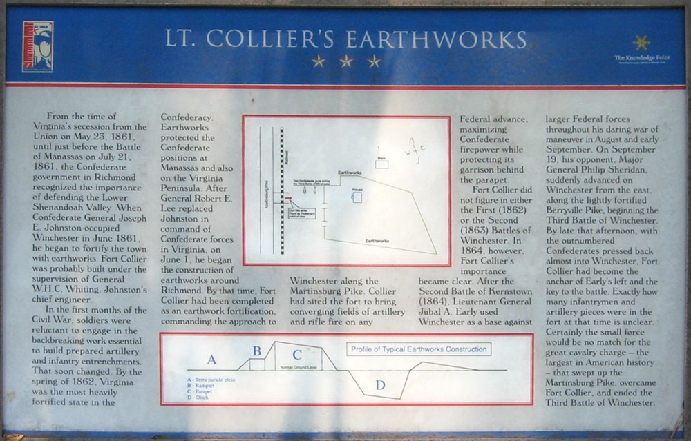 The "Lt. Collier's Earthworks" wayside marker is on the grounds of the Fort Collier Civil War Center on the north side of Winchester, Virginia.