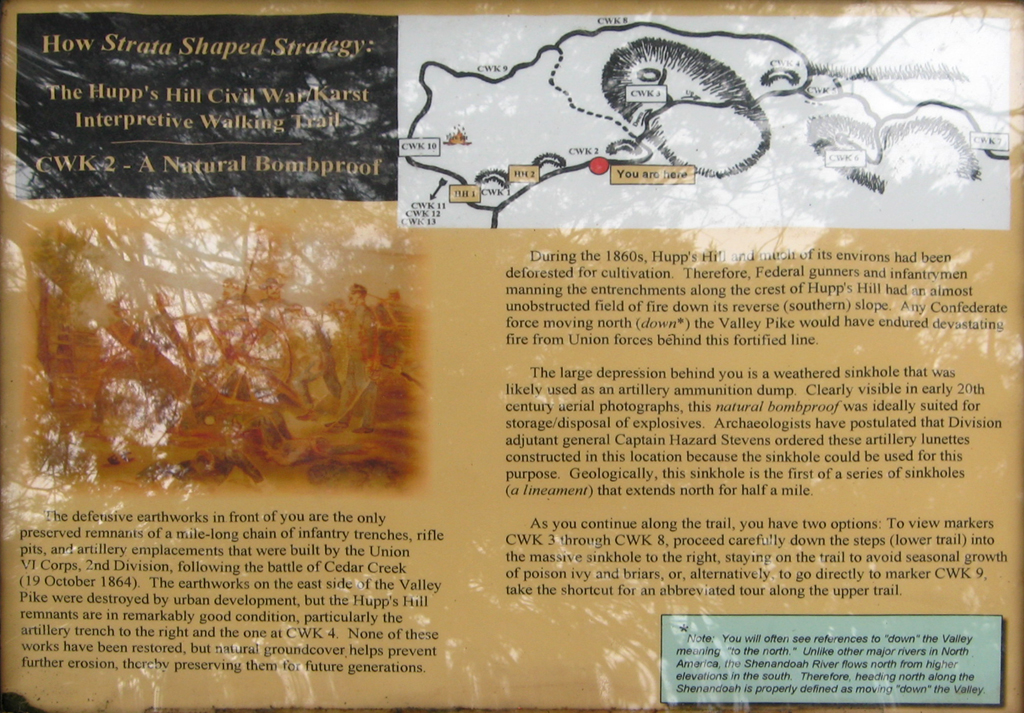 The "A Natural Bombproof" marker on Hupp's Hill is one of several along the Hupp's Hill CIvil War/Karst interpretive walking trail at the Hupp's Hill Civil War Park north of Strasburg, Virginia.