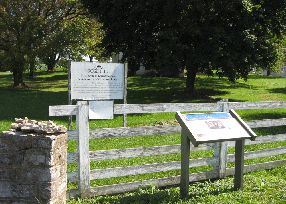 The Rose Hill wayside marker is at the entrance to the Rose Hill section of the First Kernstown battlefield southwest of Winchester, Virginia.