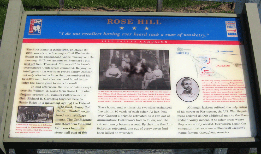 The Rose Hill wayside marker is at the entrance to the Rose Hill section of the First Kernstown battlefield southwest of Winchester, Virginia.