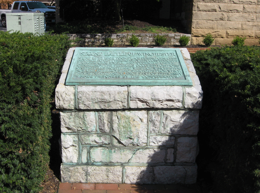 The Second Battle of Winchester historical marker is in downtown Winchester, Virginia.