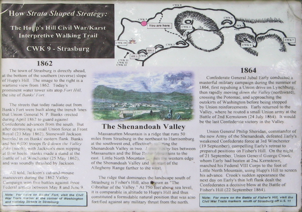 The Strasburg marker is one of several along the Hupp's Hill CIvil War/Karst interpretive walking trail at the Hupp's Hill Civil War Park north of Strasburg, Virginia.