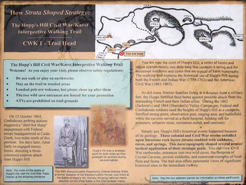 The Trail Head marker for the Hupp's Hill Civil War/Karst Interpretive Walking Trail is at the parking lot at the Hupp's Hill Civil War Park north of Strasburg, Virginia.