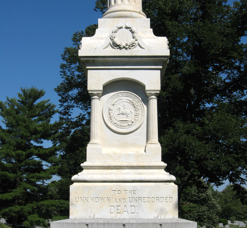 The Monument to the Unknown and Unrecorded Dead stands at the center of the Stonewall Confederate Cemetery, part of in Mount Hebron Cemetery in Winchester, Virginia.