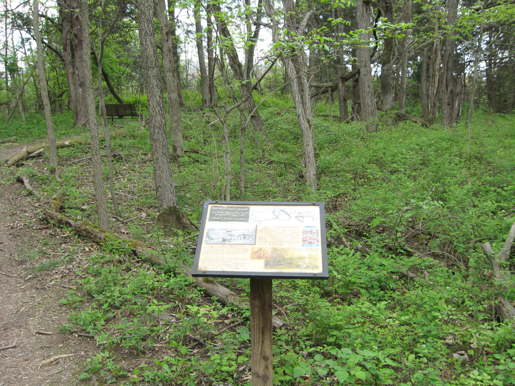The Winter Quarters trail marker CWK 5 is on the Hupp's Hill Civil War/Karst Interpretive Walking Trail at the Hupp's Hill Civil War Park north of Strasburg, Virginia.