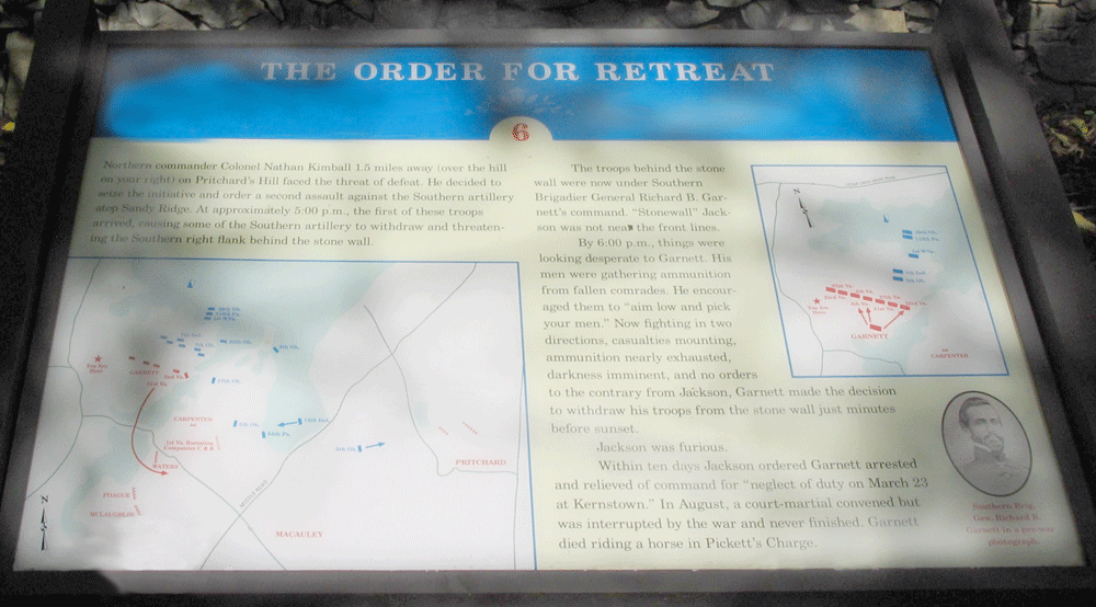 The Order for Retreat wayside marker is the sixth stop on the self-guided walking tour of the First Kerstown battlefield at Rose Hill.