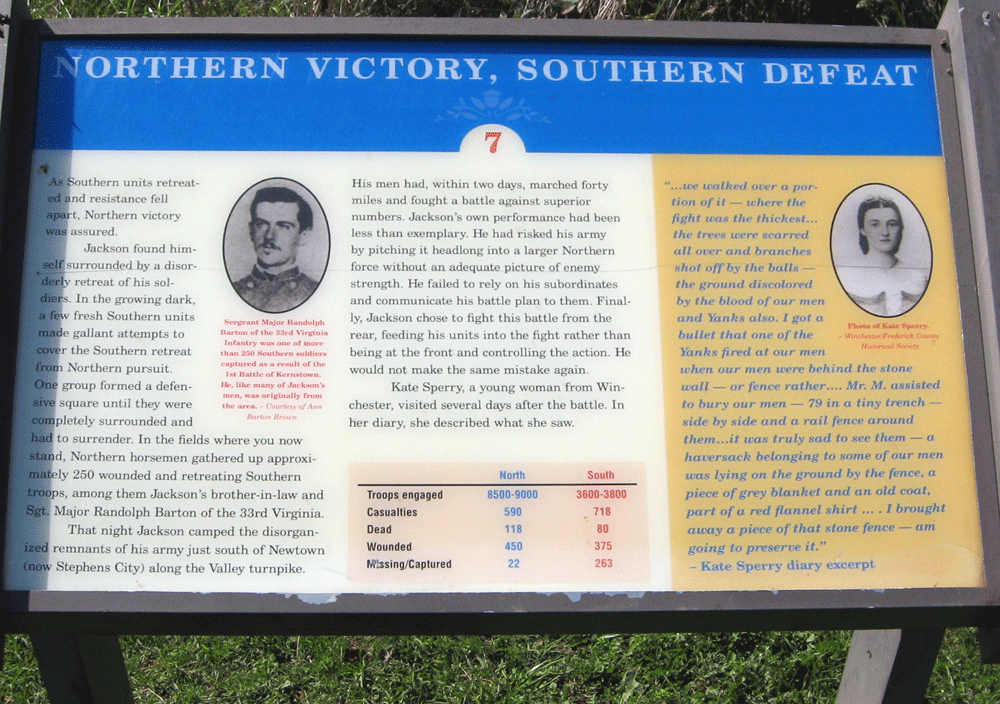 The Northern Victory, Southern Defeat wayside marker is the last of seven stops on the self-guided hiking tour of the First Kernstown battlefield at Rose Hill.