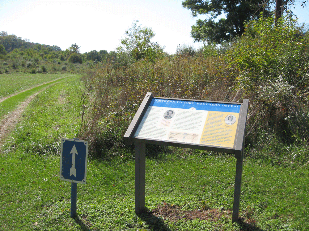 The Northern Victory, Southern Defeat wayside marker is the last of seven stops on the self-guided hiking tour of the First Kernstown battlefield at Rose Hill.