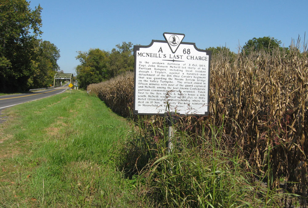 The McNeill's Last Charge A68 Virginia historical marker was erected south of Mount Jackson, Virginia