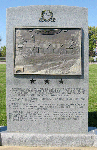 Central stone of the Confederate Hospital Monument is in Our Soldiers' Cemetery in Mount Jackson, Virginia.