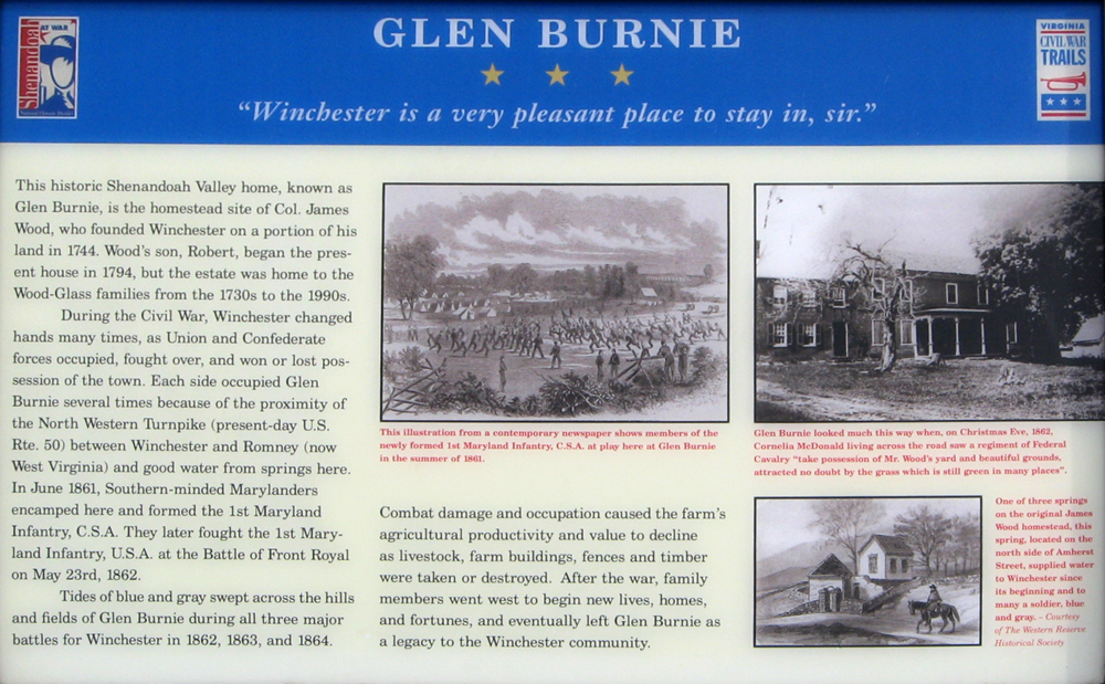 The Glen Burnie wayside marker is in the parking lot for the Museum of the Shenandoah Valley, off Amherst Street on the west side of Winchester, Virginia.