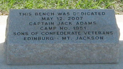 A bench commemorates D. Coiner Rosen of the Sons of Confederate Veterans