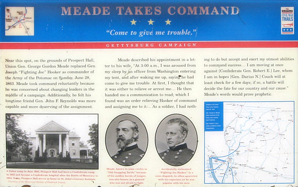 Wayside marker outside Frederick, Maryland where Major General George Meade took command of the Federal army of the Potomac on June 28, 1863, just before the Battle of Gettysburg