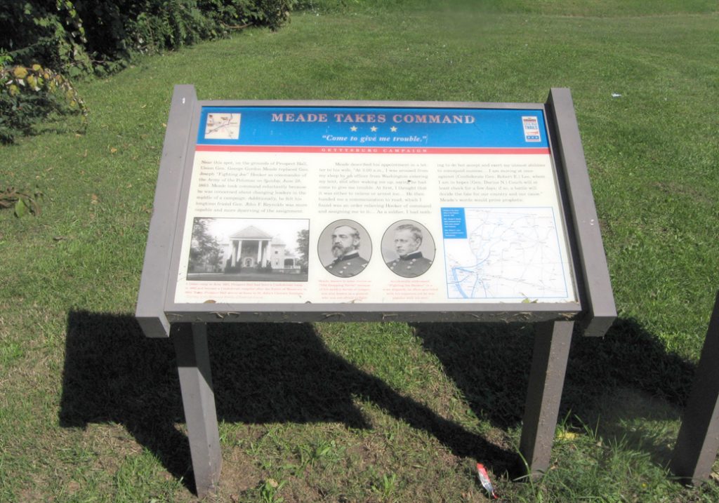 Wayside marker outside Frederick, Maryland where Major General George Meade took command of the Federal army of the Potomac on June 28, 1863, just before the Battle of Gettysburg