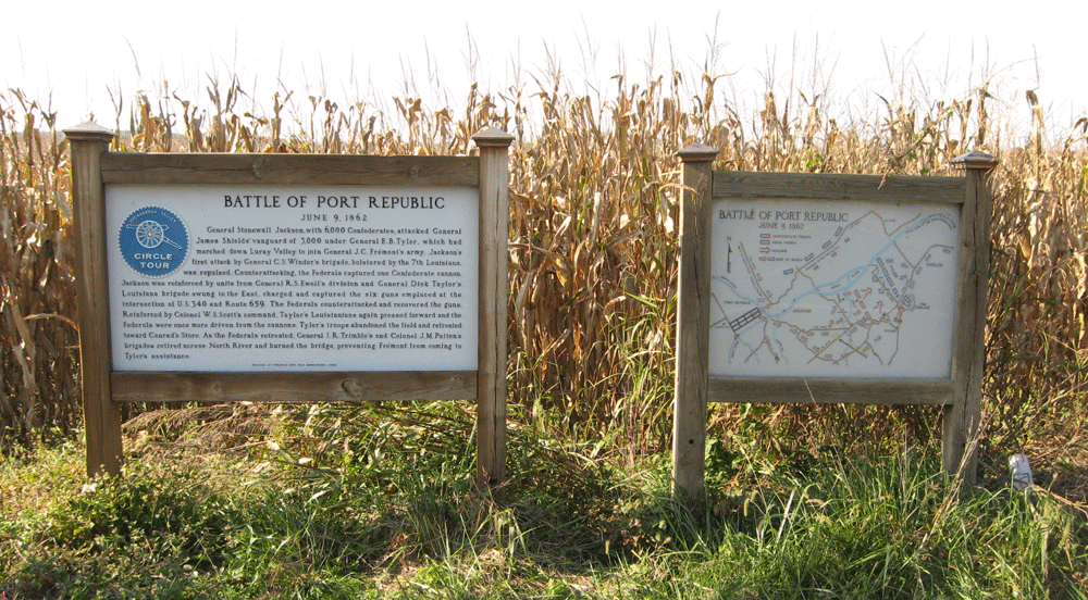 A set of Circle Tour markers on the 1862 Battle of Port Repubic was erected in 1964 by the Virgina Civil War Commission.