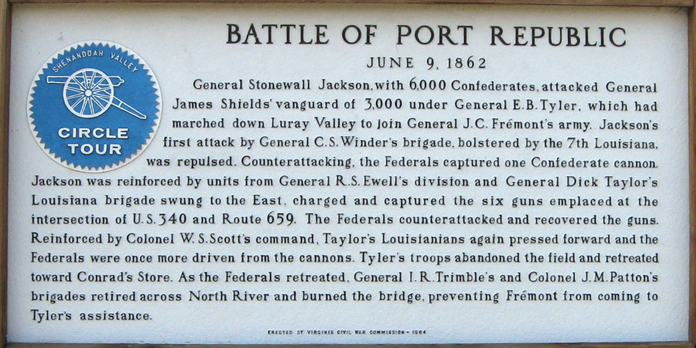 A set of Circle Tour markers on the 1862 Battle of Port Repubic was erected in 1964 by the Virgina Civil War Commission.