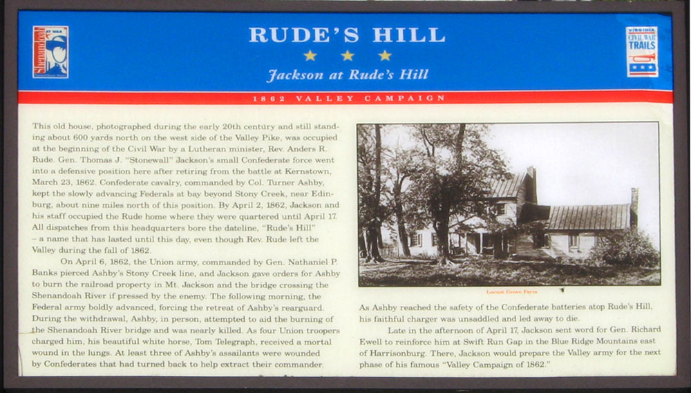 The Jackson at Rude's Hill wayside marker is between Mount Jackson and New Market, Virginia. 
