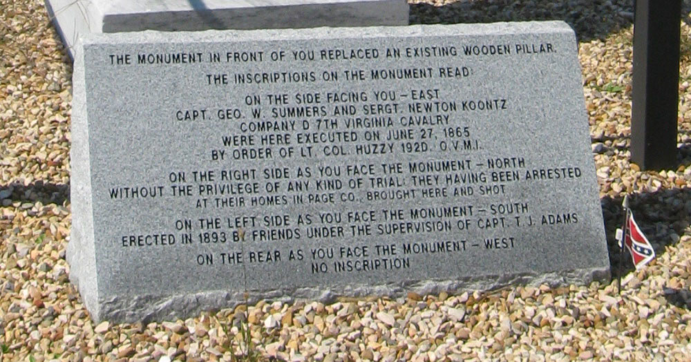 The Post-Appomattox Tragedy monument to Captain George Summers and Sergeant Newton Koontz along with a marker reproducing the monument's inscriptions and a sign explaining the markers and their sponsorship