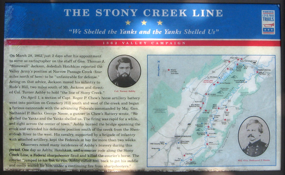 The 'Stony Creek Line' wayside marker was erected on the west side of Edinburg, Virginia by Virginia Civil War Trails.