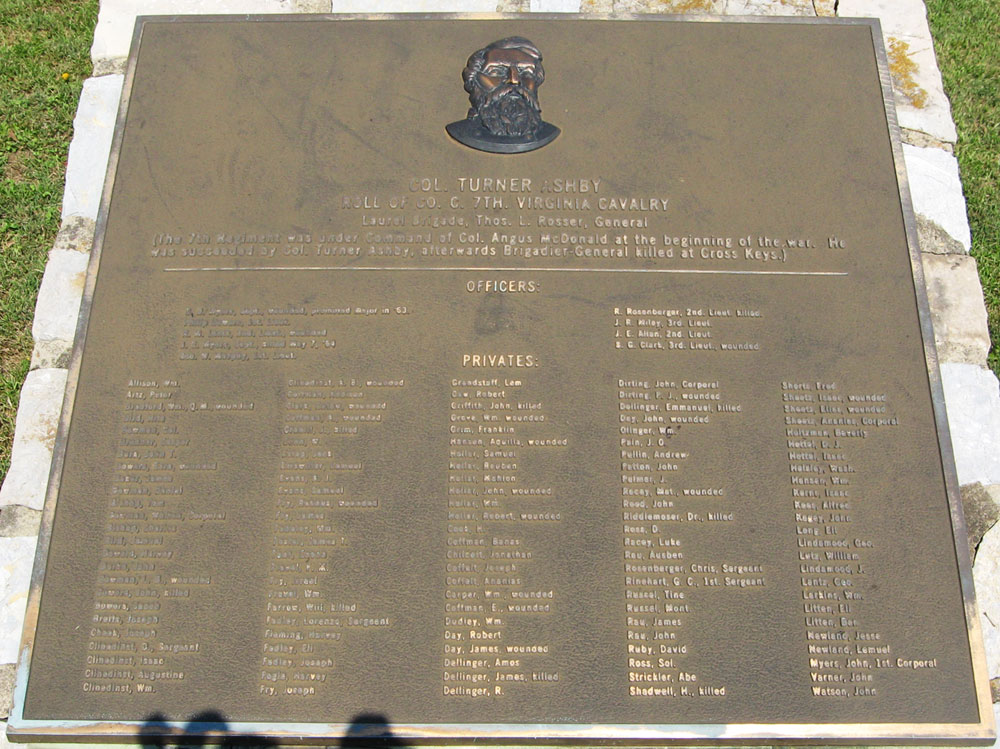 The monument to Colonel Turner Ashby's 7th Virginia Cavalry with a tablet listing the officers and men of Company C is in Edinburg, Virginia.