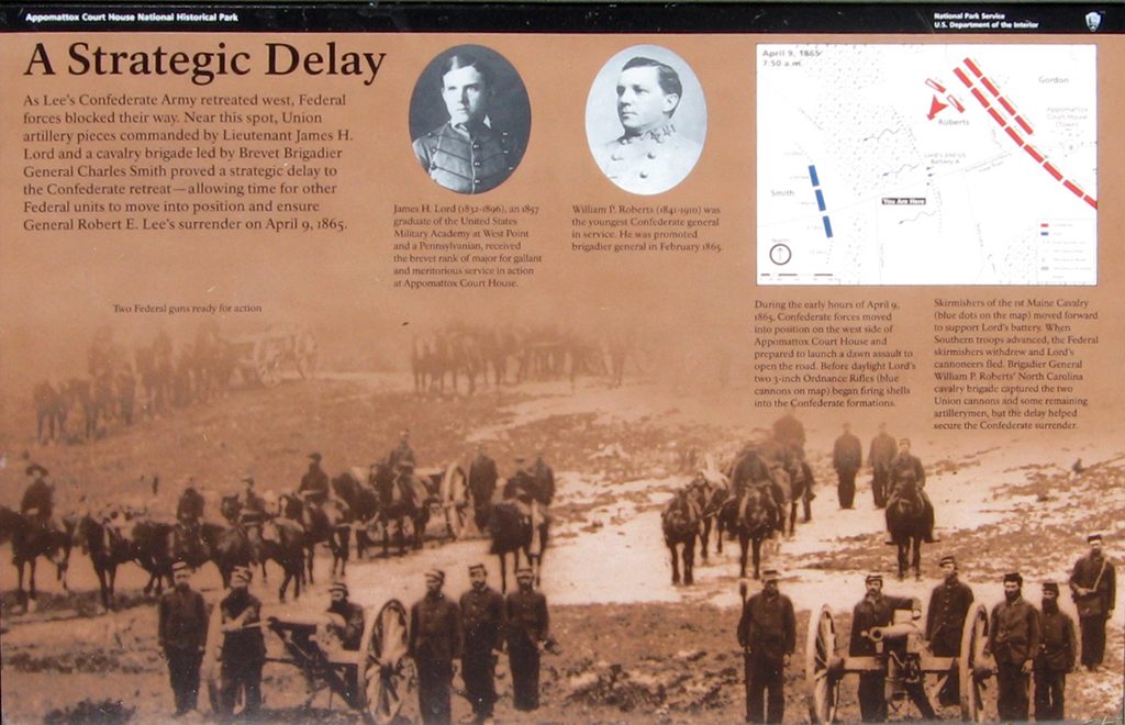 The "A Strategic Delay" wayside marker in Appomattox Court House National Historical Park.