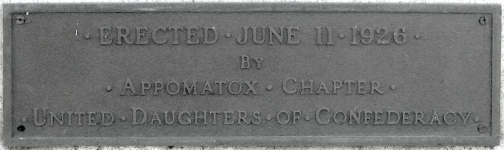 Closeup of the tablet on the rear of the Appomattox monument, placed in 1926 by the United Daughters of the Confederacy
