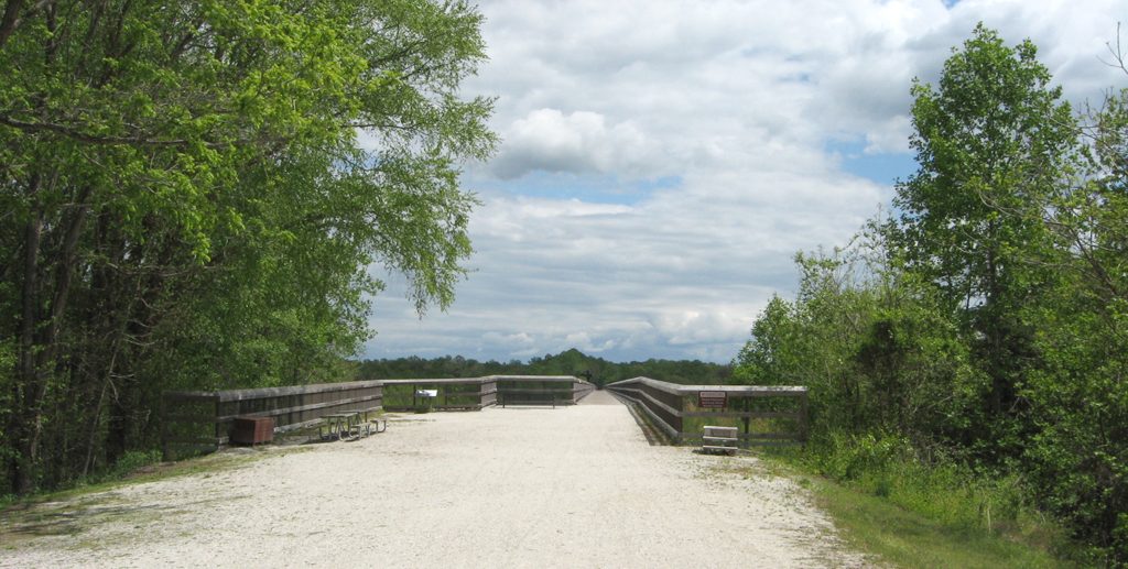 West end of the High Bridge over the Appomattox River with bench and wayside marker