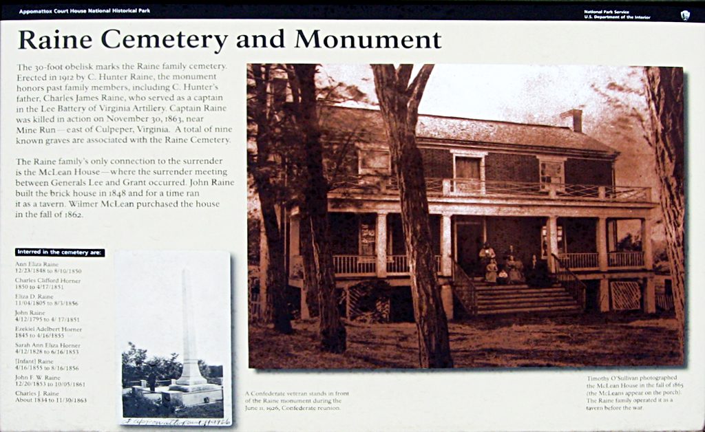 Closeup to the Raine monument and Cemetery wayside marker at Appomattox Court House National Historical Park
