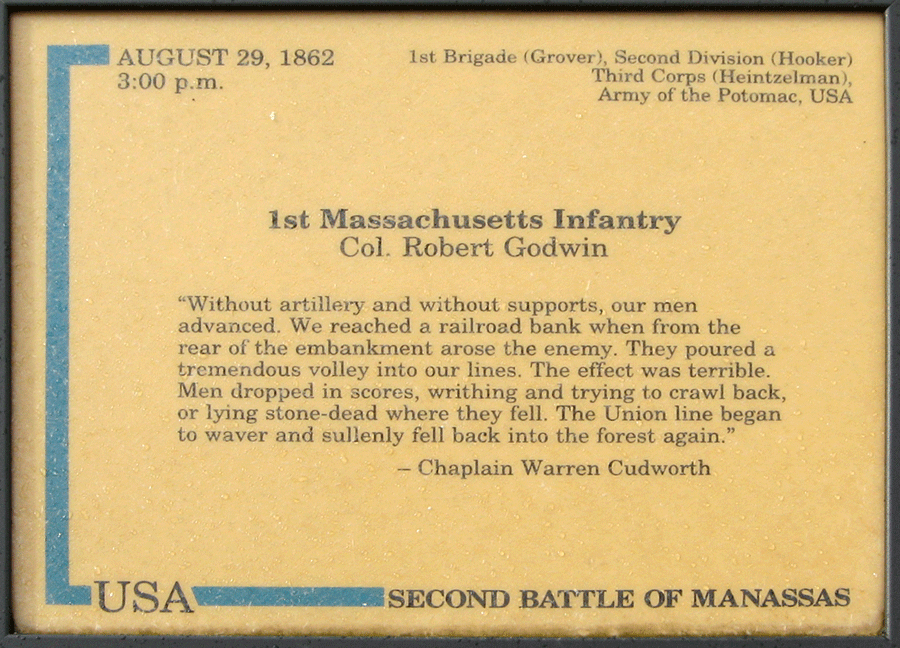 The 1st Massachusetts Infantry trailside marker trailside marker is along the Unfinished Railroad, reached from Stop 6 on the Manassas Battlefield Driving Tour.